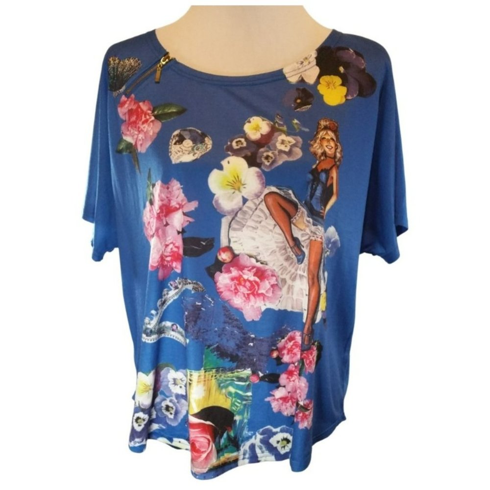 NEW- Kessley Fashion Royal Blue Blouse with Gold Zipper Size Small (Runs Big)